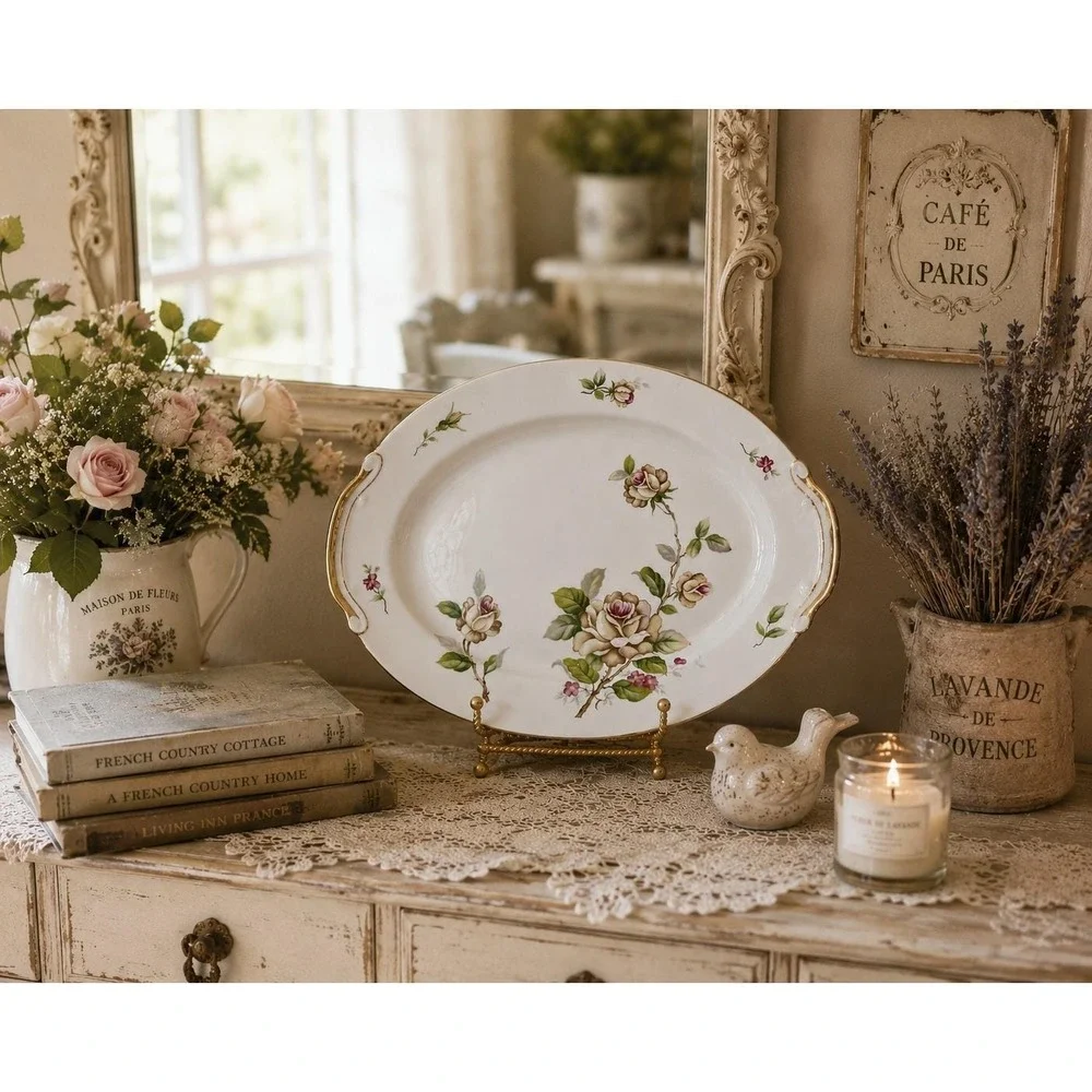Vtg China Platter Gold Trim Oval Cottage core Grannycore Lynmore Golden Rose MCM
